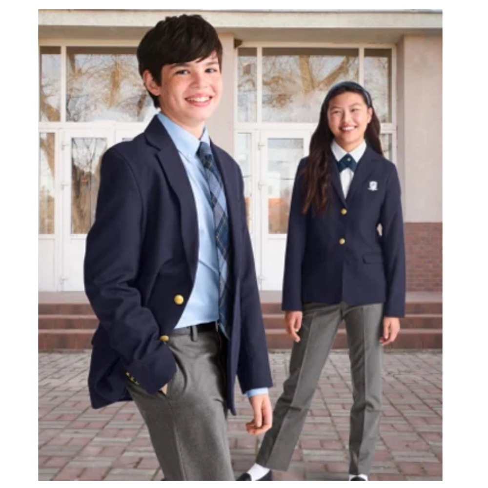 Lands End Navy Blue School Blazer Gold Buttons Boys Size 8 Cedar Hill Prep Patch